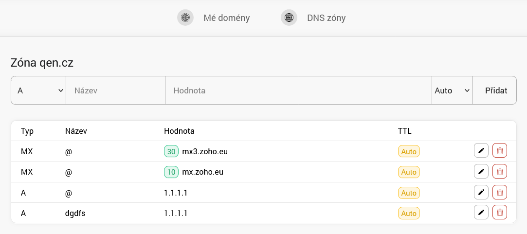 DNS zóna v administraci
